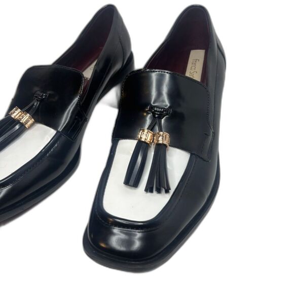 Franco Sarto Donna Patent Leather Black White Womens Heeled Loafers Shoes Tassle - Picture 4 of 11